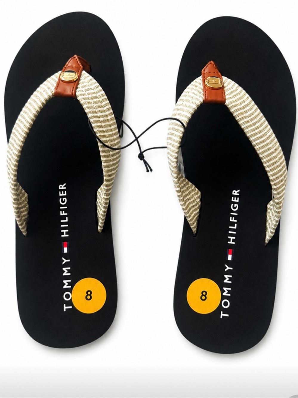 Tommy Hilfiger Black Flip Flops with Cream Striped Straps and Brown Accents
